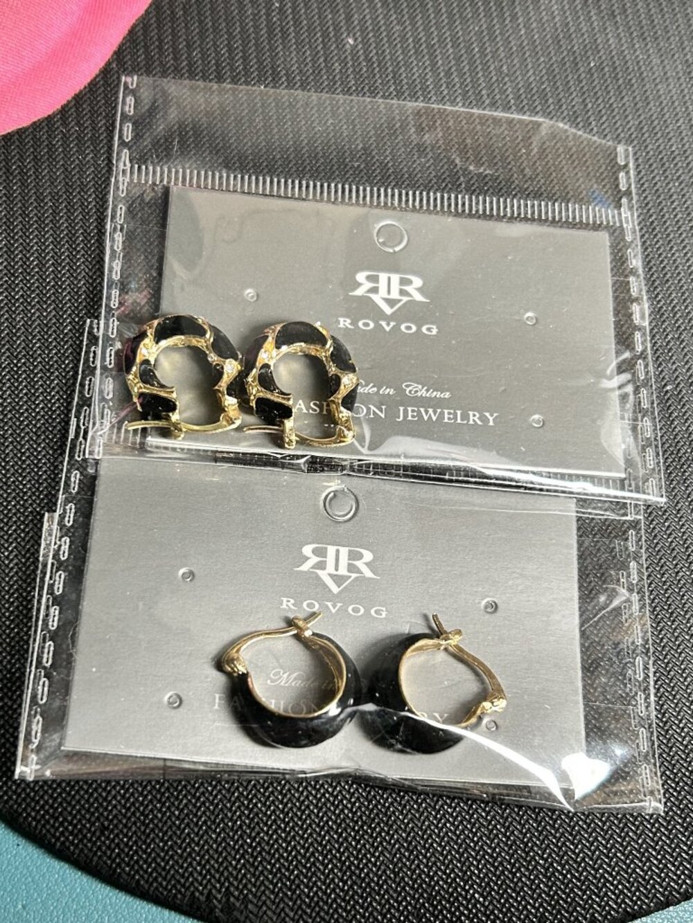 NWT Rovog Black Enamel Gold Hoop Huggie Earring Set 2 Pairs Rhinestone